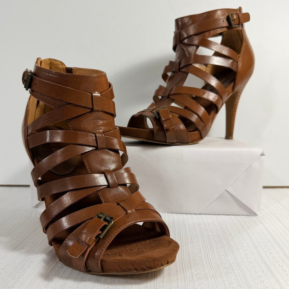 Nine West Women Gladiator Caged Strappy Heels 8M Brown Leather Stiletto Sandals